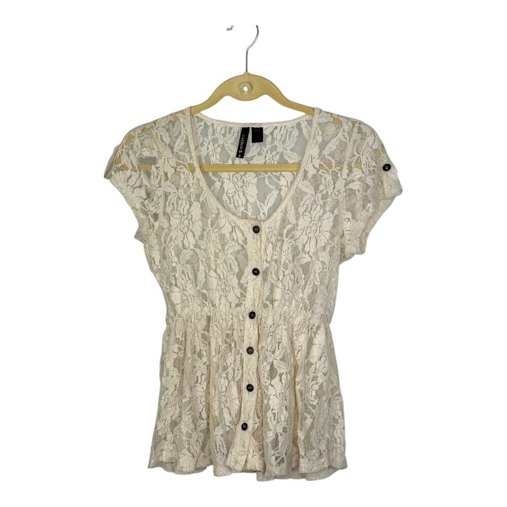 Y2K Vintage Babydoll Top Medium Ivory Cream Mesh Sheer Lace Ethereal Cottagecore